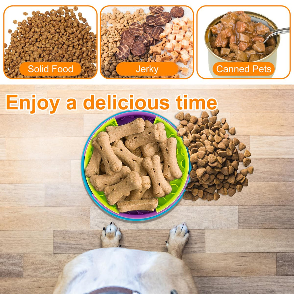 Dog food products including solid food, jerky, and canned pets on a wooden floor with a dog's paws visible.