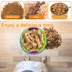 Dog food products including solid food, jerky, and canned pets on a wooden floor with a dog's paws visible.