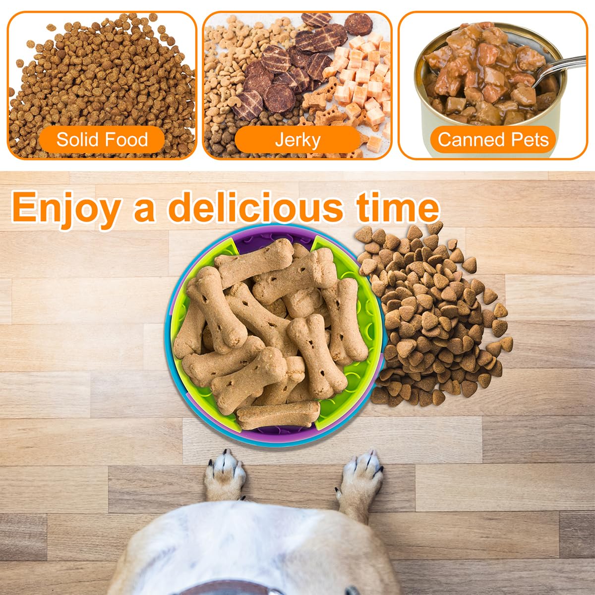 Dog food products including solid food, jerky, and canned pets on a wooden floor with a dog's paws visible.