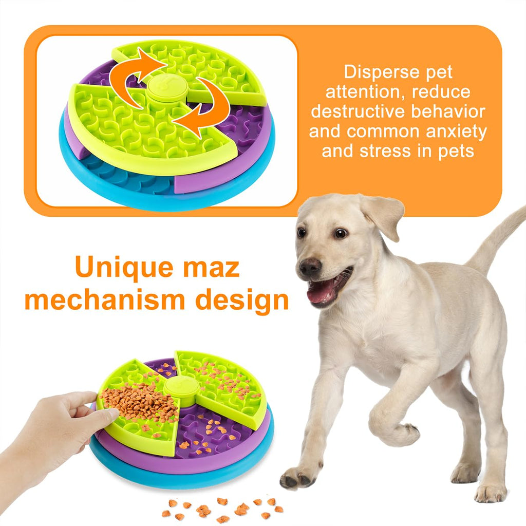 Dog puzzle toy with a colorful design and a dog interacting with it, on an orange background.
