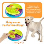 Dog puzzle toy with a colorful design and a dog interacting with it, on an orange background.