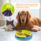 Dog and cat with a colorful pet toy designed to prevent them from scratching their tongues.