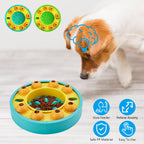 Dog puzzle toy with a dog in the background on a light wooden floor.