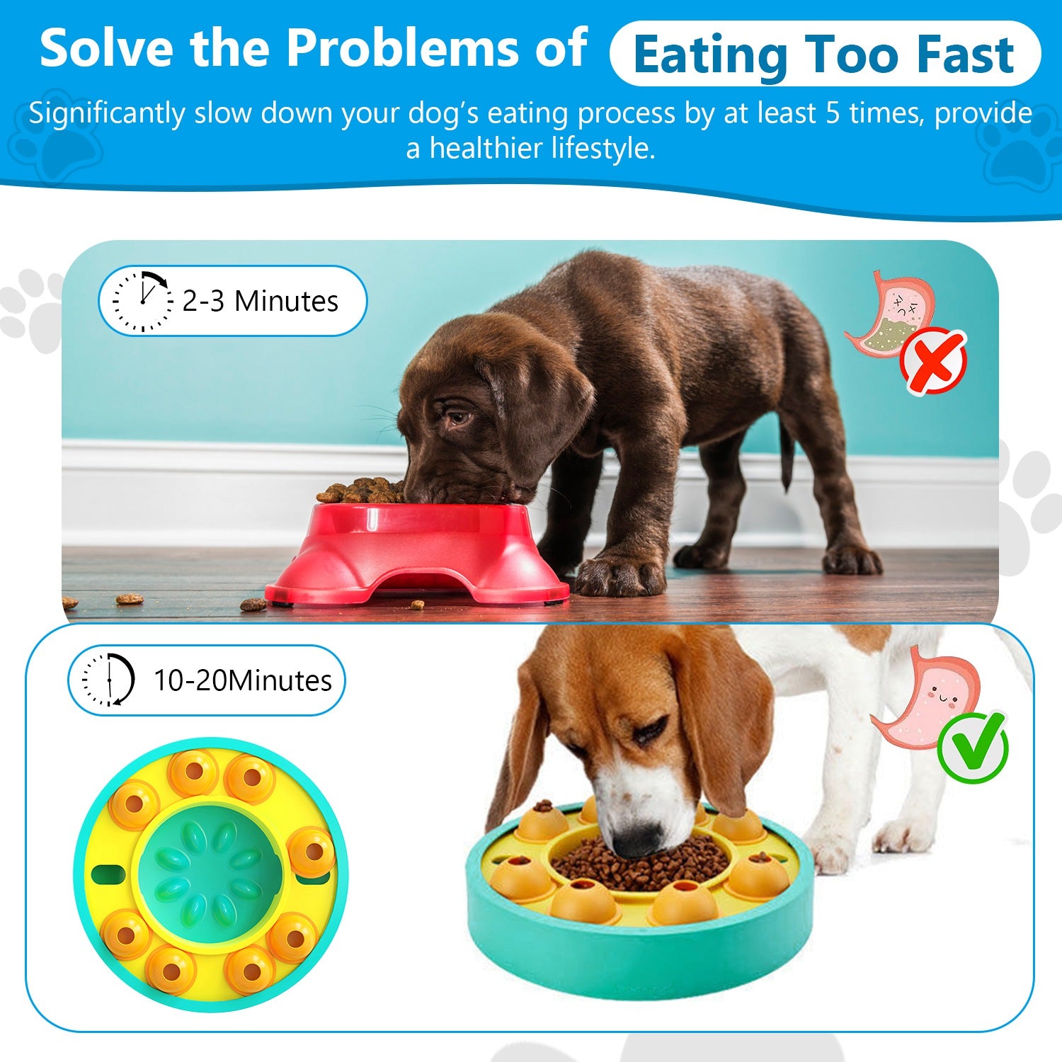 Dog eating from a slow feeder with text explaining its benefits