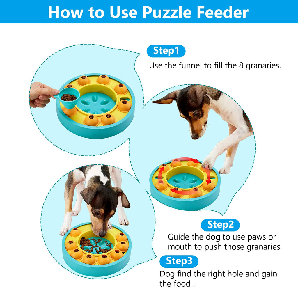 Instructions on how to use a puzzle feeder with a dog interacting with it.