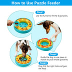 Instructions on how to use a puzzle feeder with a dog interacting with it.