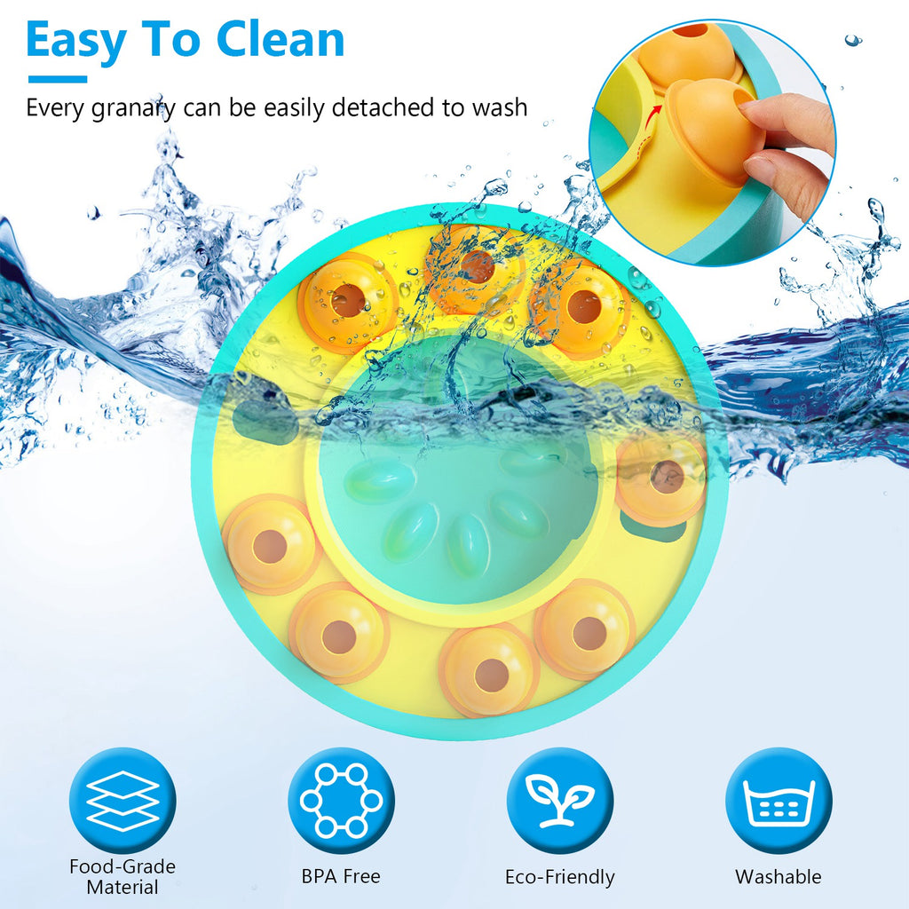 Colorful dog toy with water splashes and text highlighting ease of cleaning.