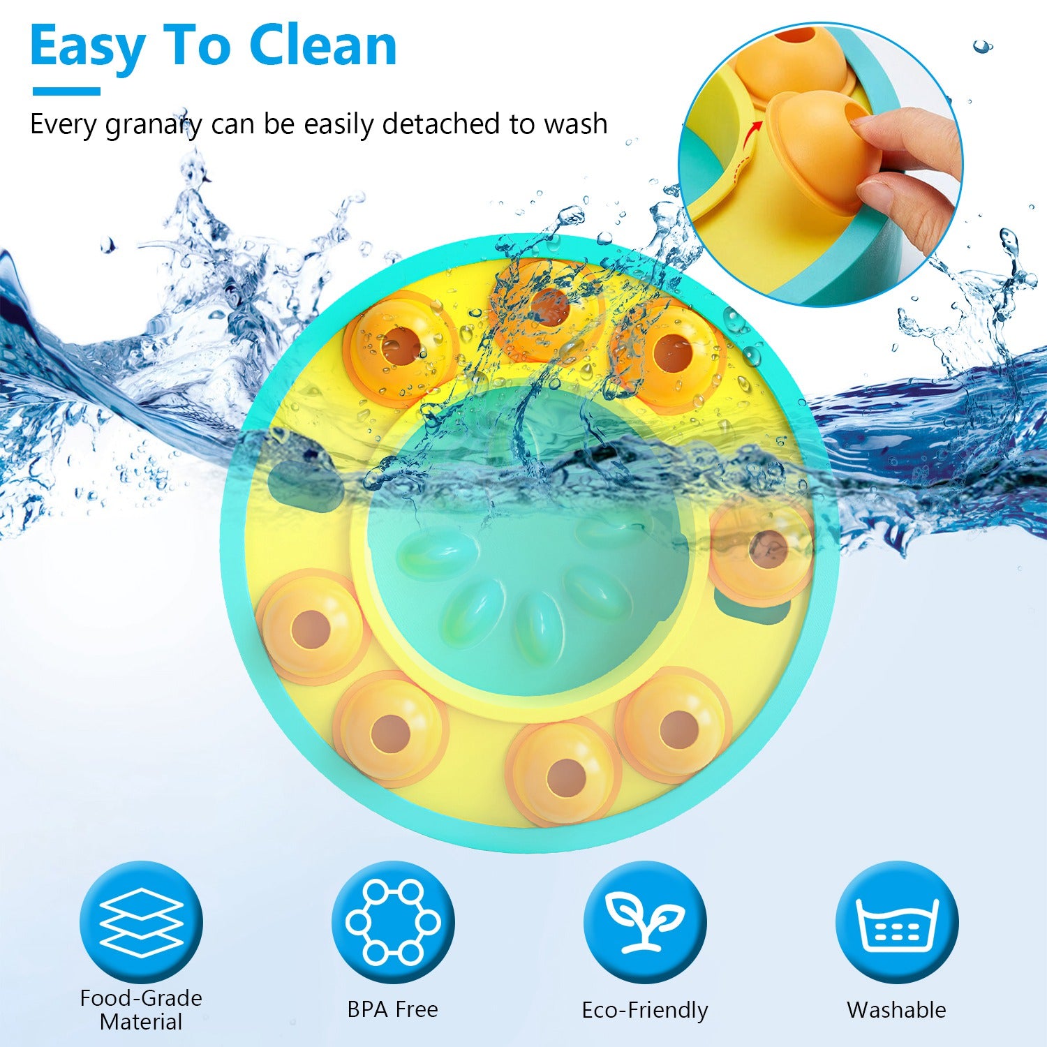 Colorful dog toy with water splashes and text highlighting ease of cleaning.