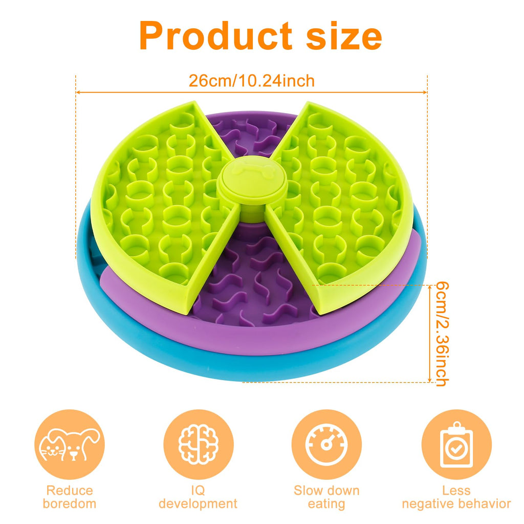 Colorful pet toy with text indicating product size and benefits on a white background