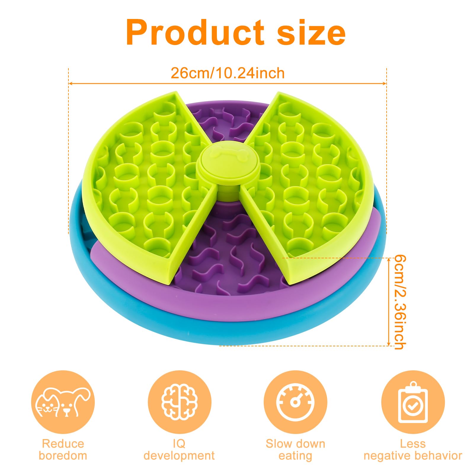 Colorful pet toy with text indicating product size and benefits on a white background