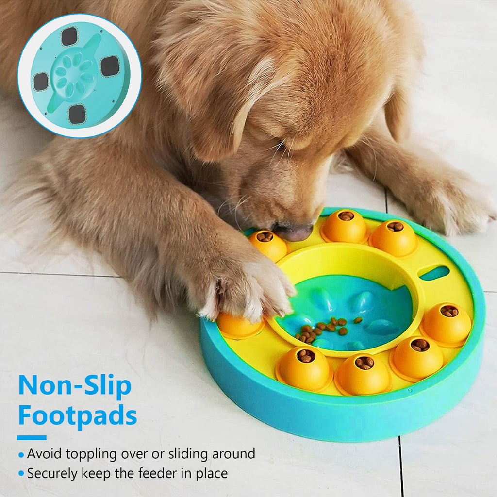 Dog interacting with a colorful puzzle feeder on a tiled floor.