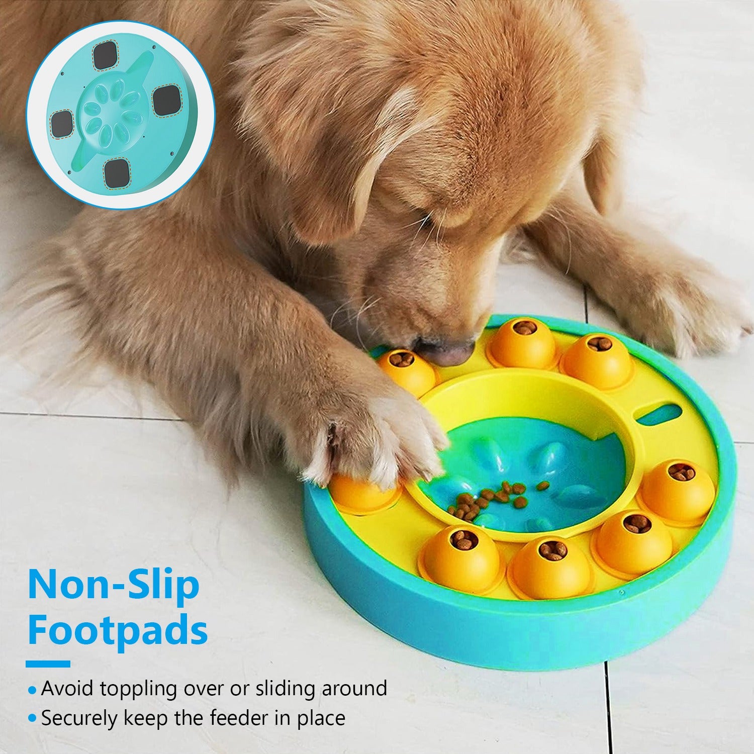 Dog interacting with a colorful puzzle feeder on a tiled floor.