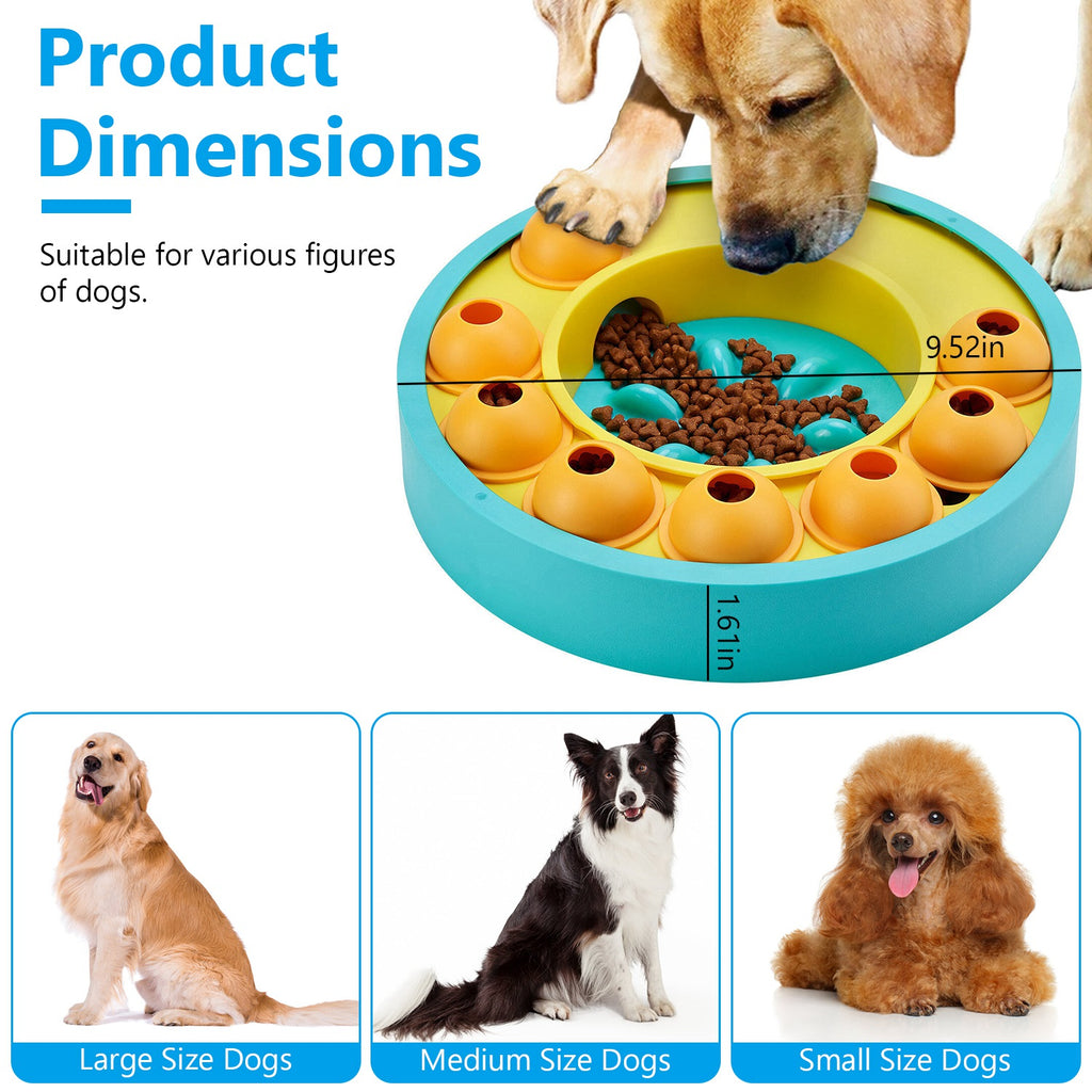 Dog puzzle toy with food, showing dimensions and suitability for different dog sizes.