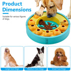 Dog puzzle toy with food, showing dimensions and suitability for different dog sizes.
